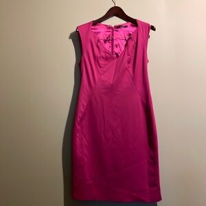 Tahari pink sheath dresss, with asymmetrical neck line. Fully satin lined.